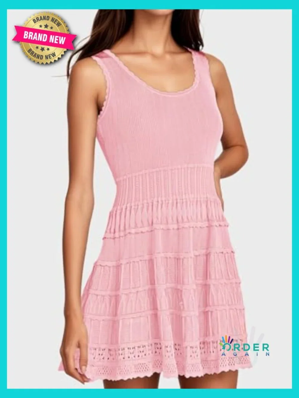 Flowy Knit Crochet Hem Tank Sundress Casual Sleeveless Mini Dress Bohemian - Picture 4 of 7
